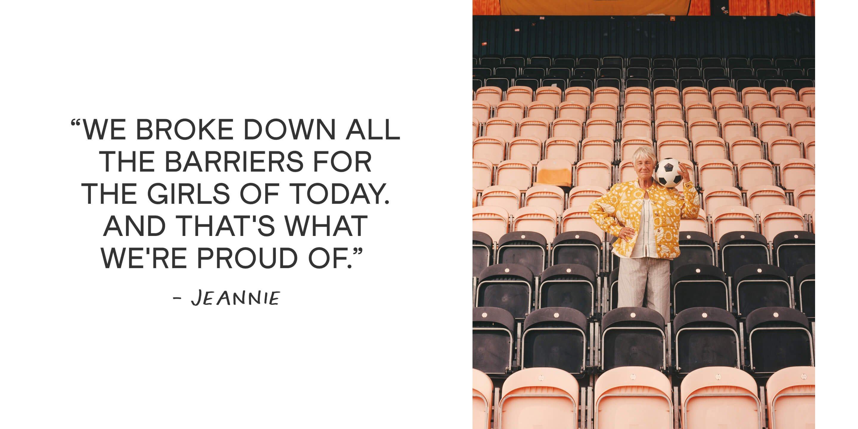 a woman standing in front of a stadium with a football and a quote