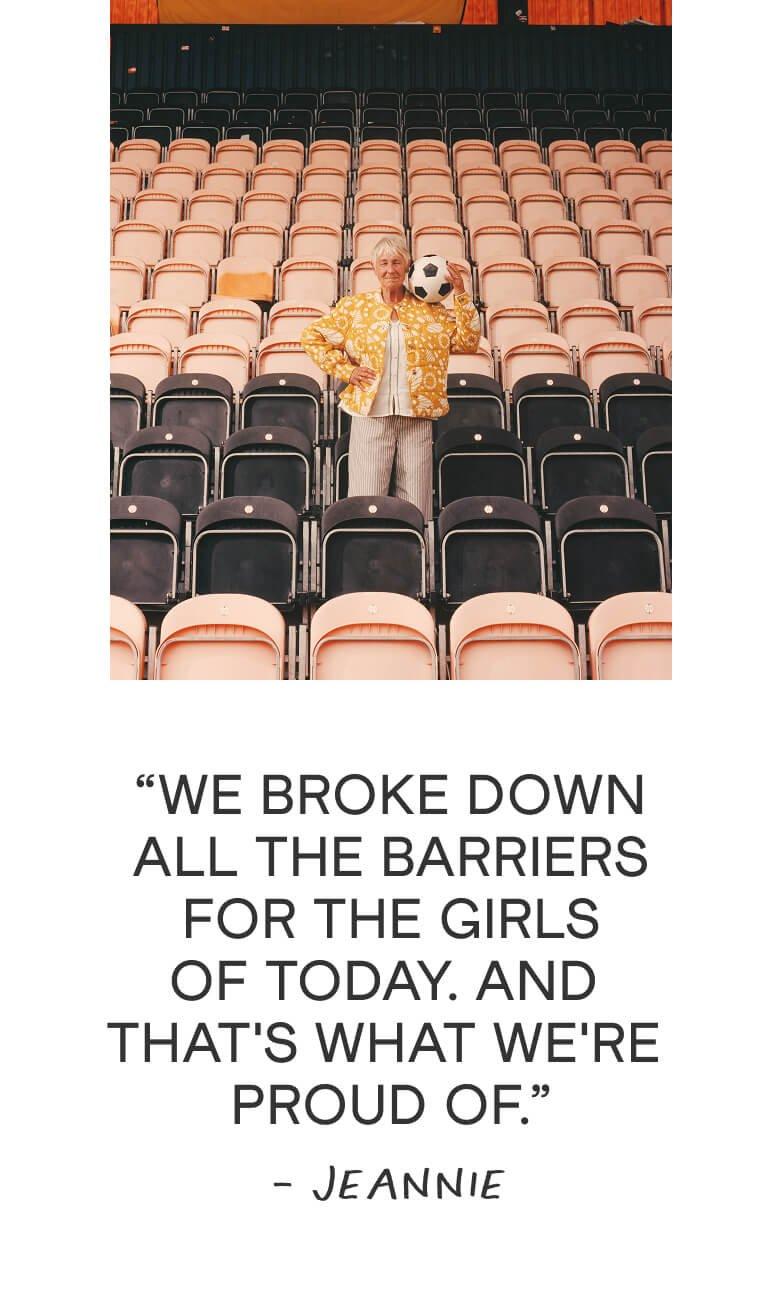 a woman standing in front of a stadium with a football and a quote