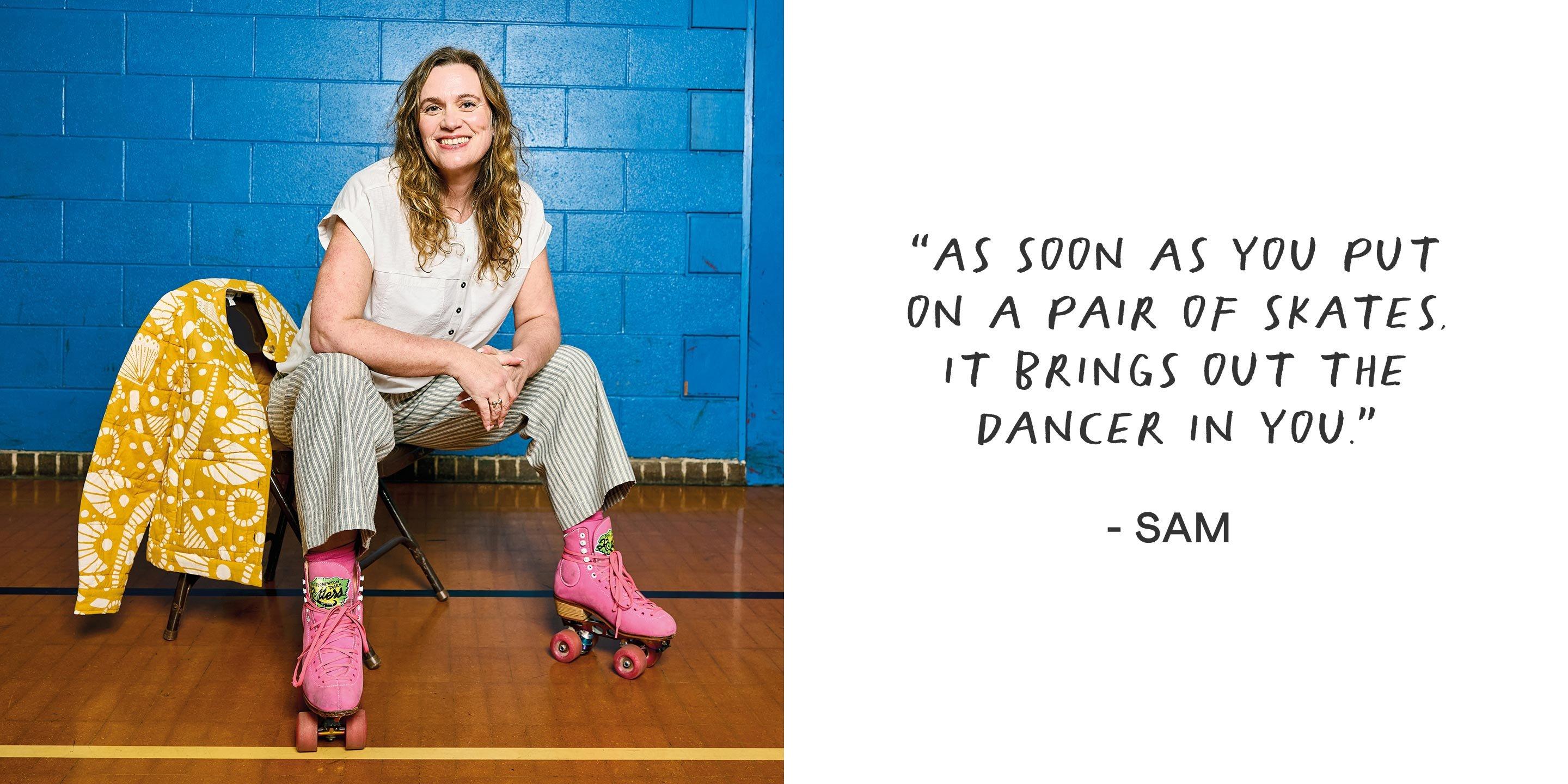 a woman sitting on a chair with a quote on it