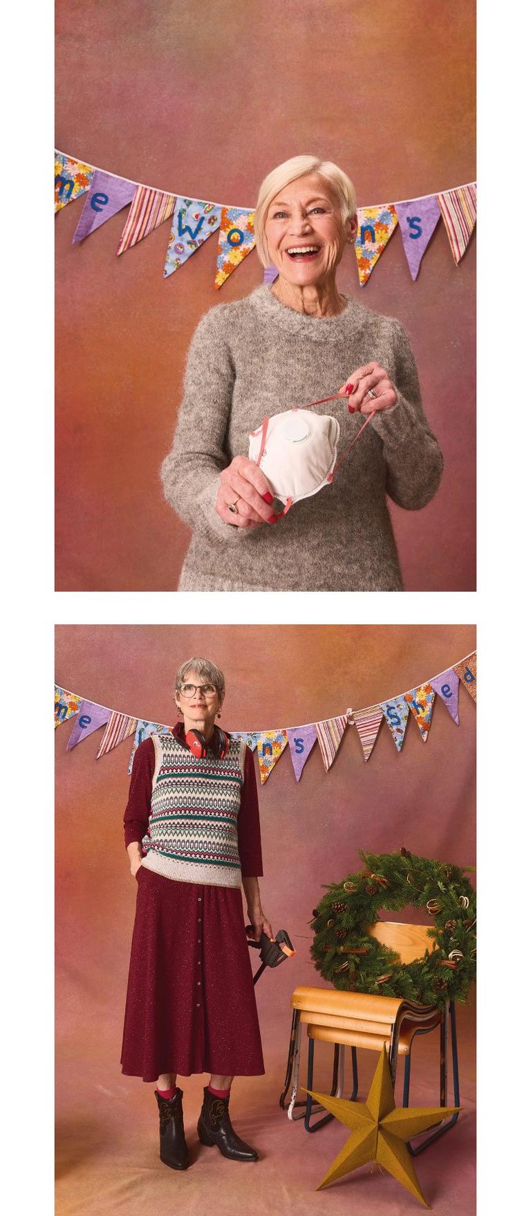 women in front of bunting