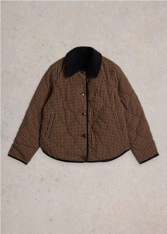 a jacket with a black collar and brown plaid