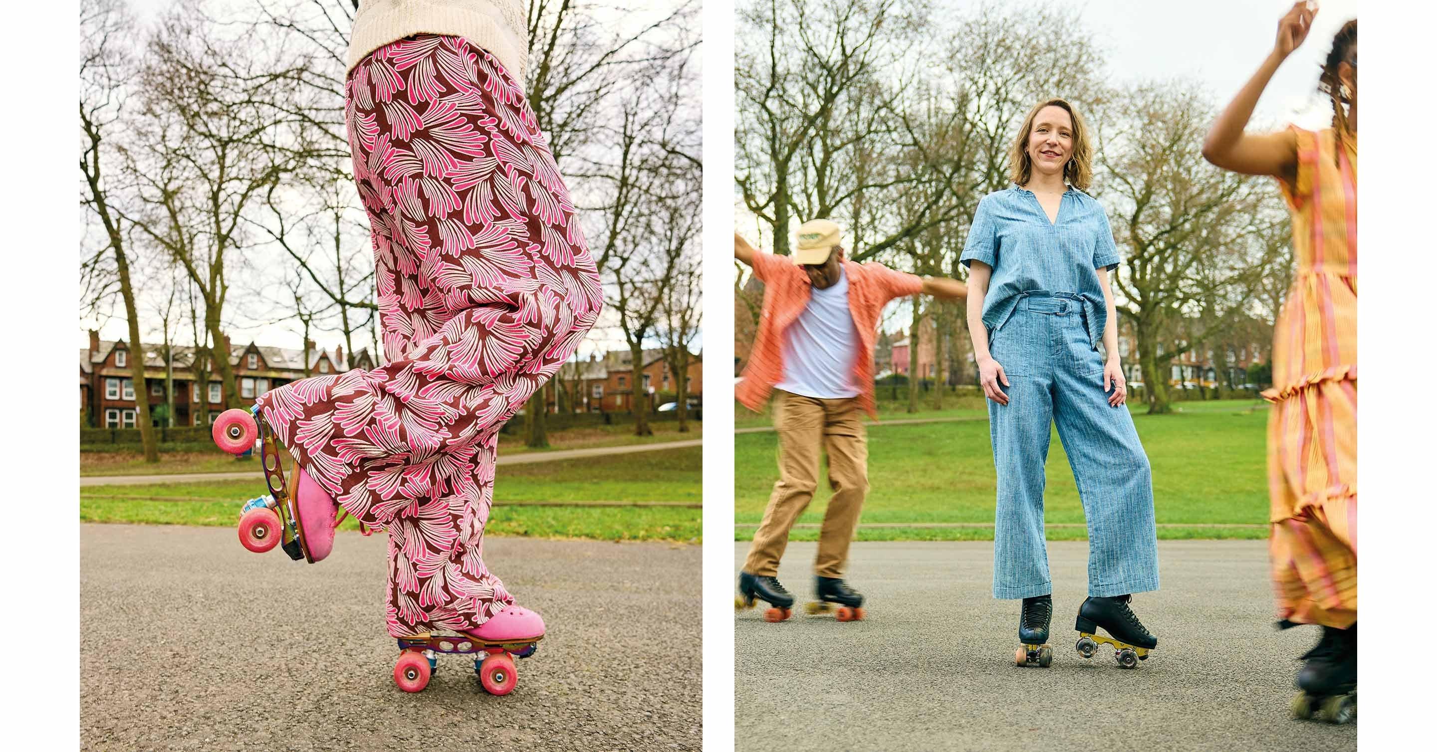 a group of people on roller skates in a park