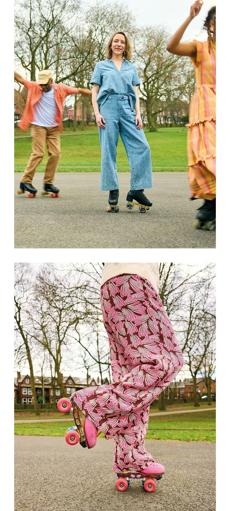 a collage of two pictures of people on roller skates