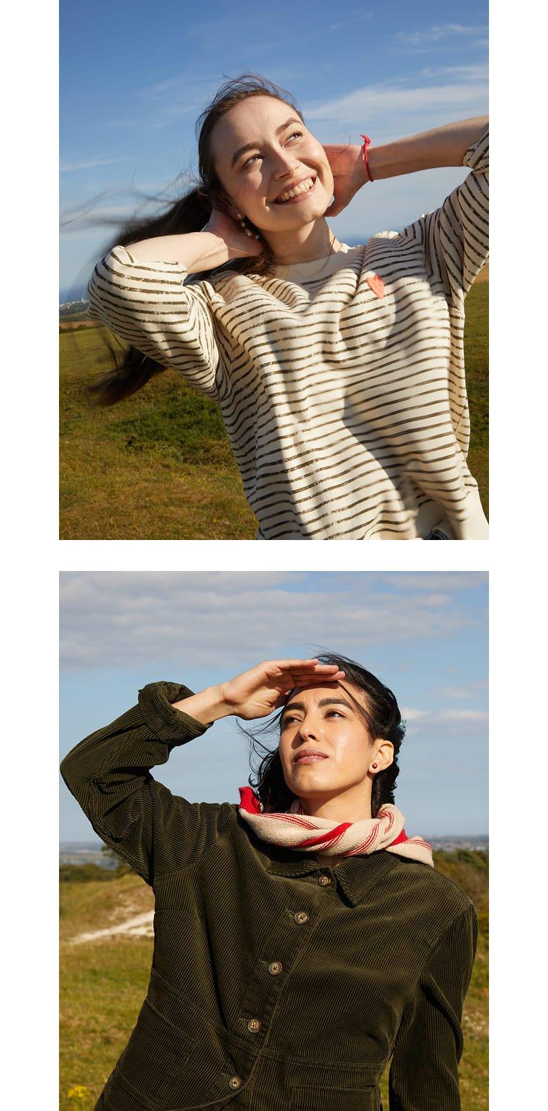 three pictures of a woman standing in a field