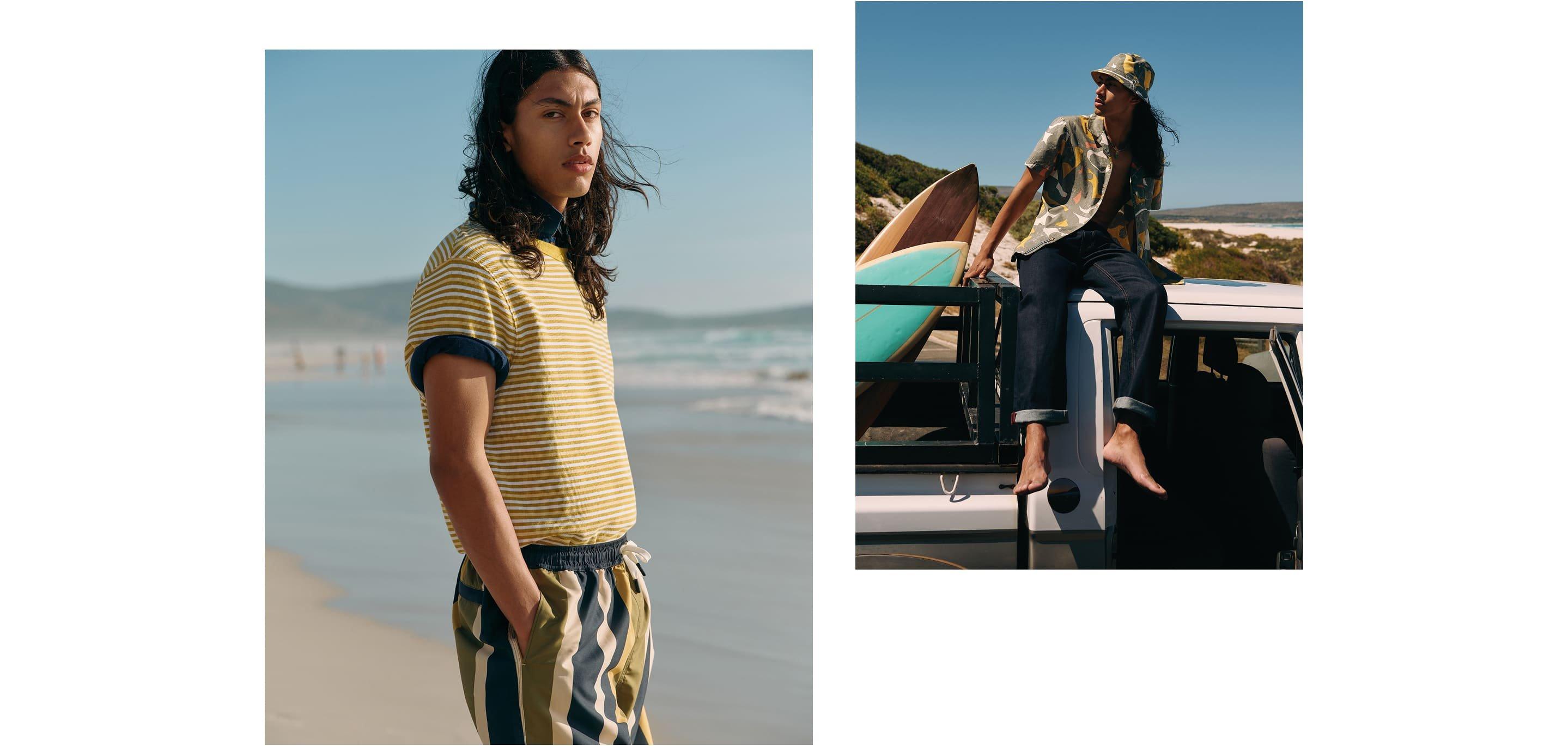 two pictures of a man in a striped shirt sitting on a truck
