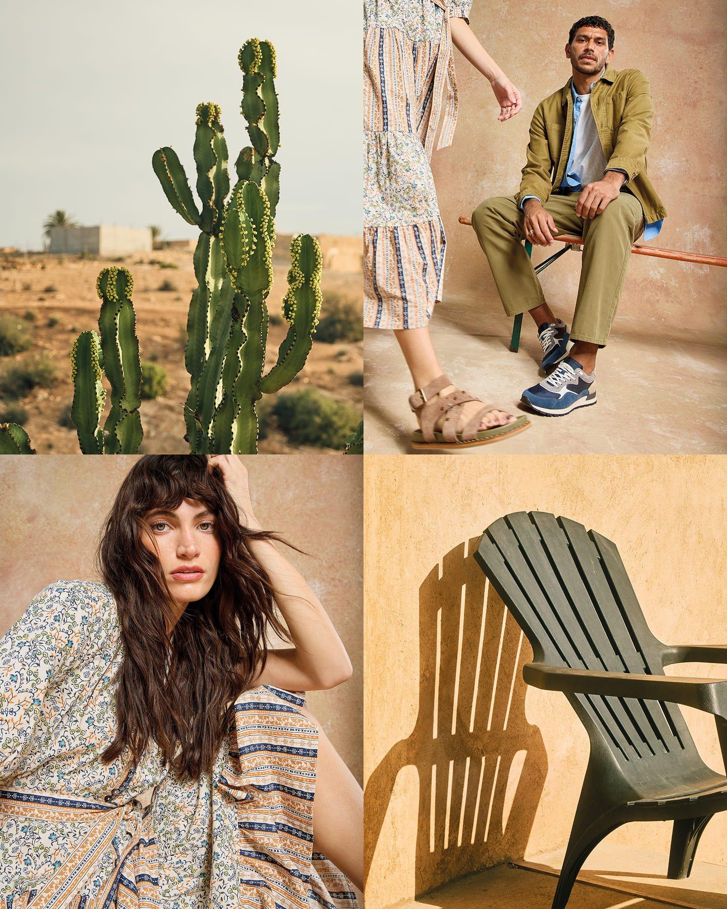 four images of people wearing white stuff, a chair and a cactus plant