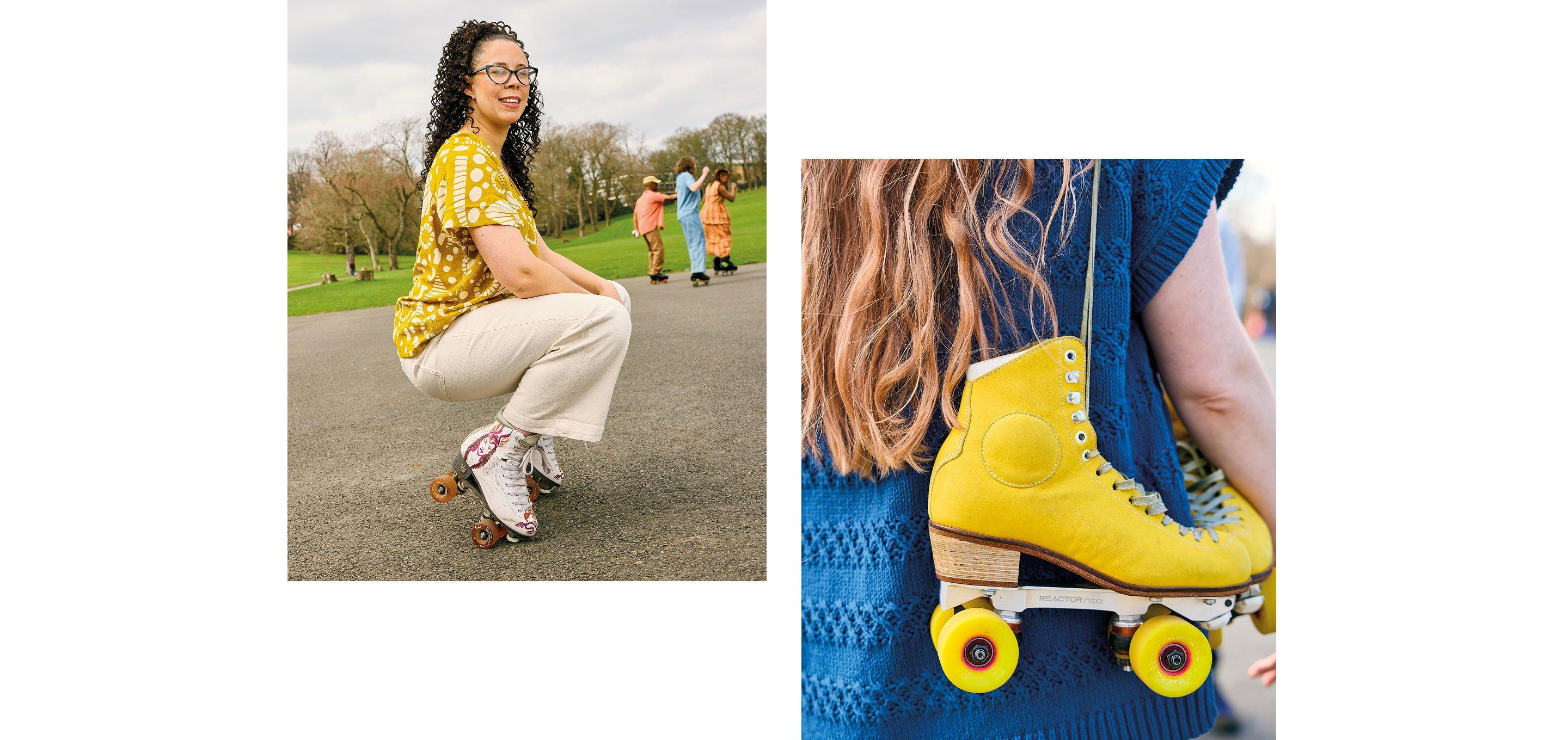 a woman with a yellow roller skate and a blue bag