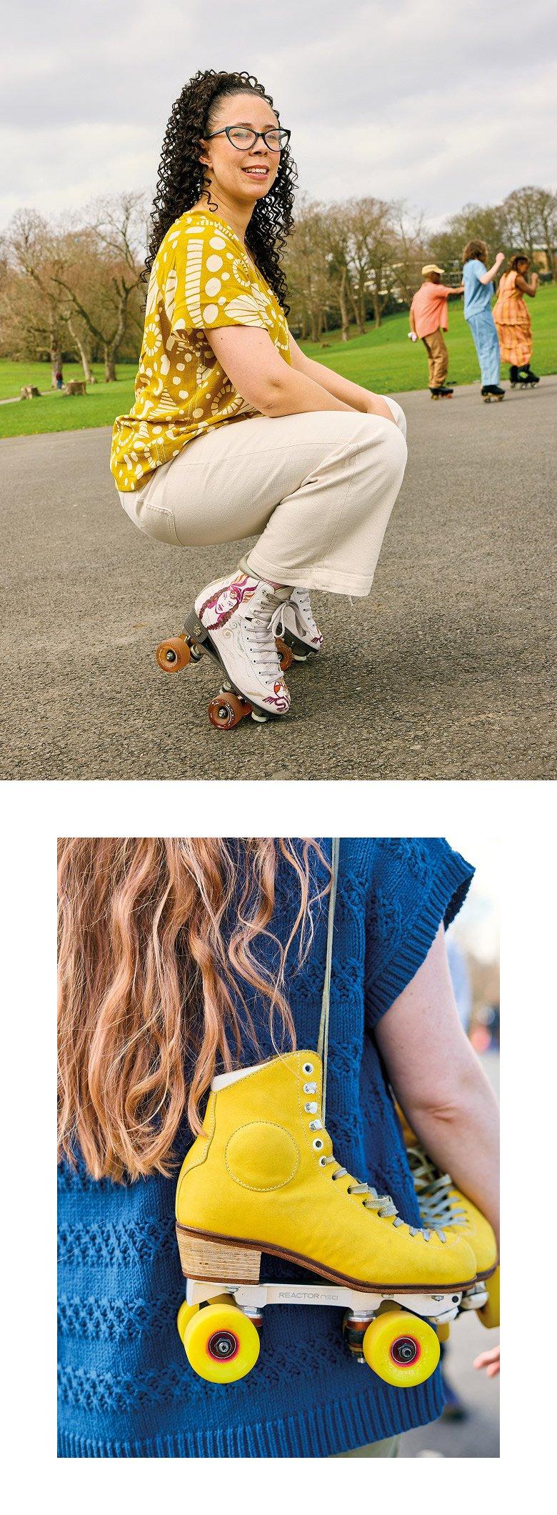 a woman with a yellow bag on her shoulder and a yellow skate