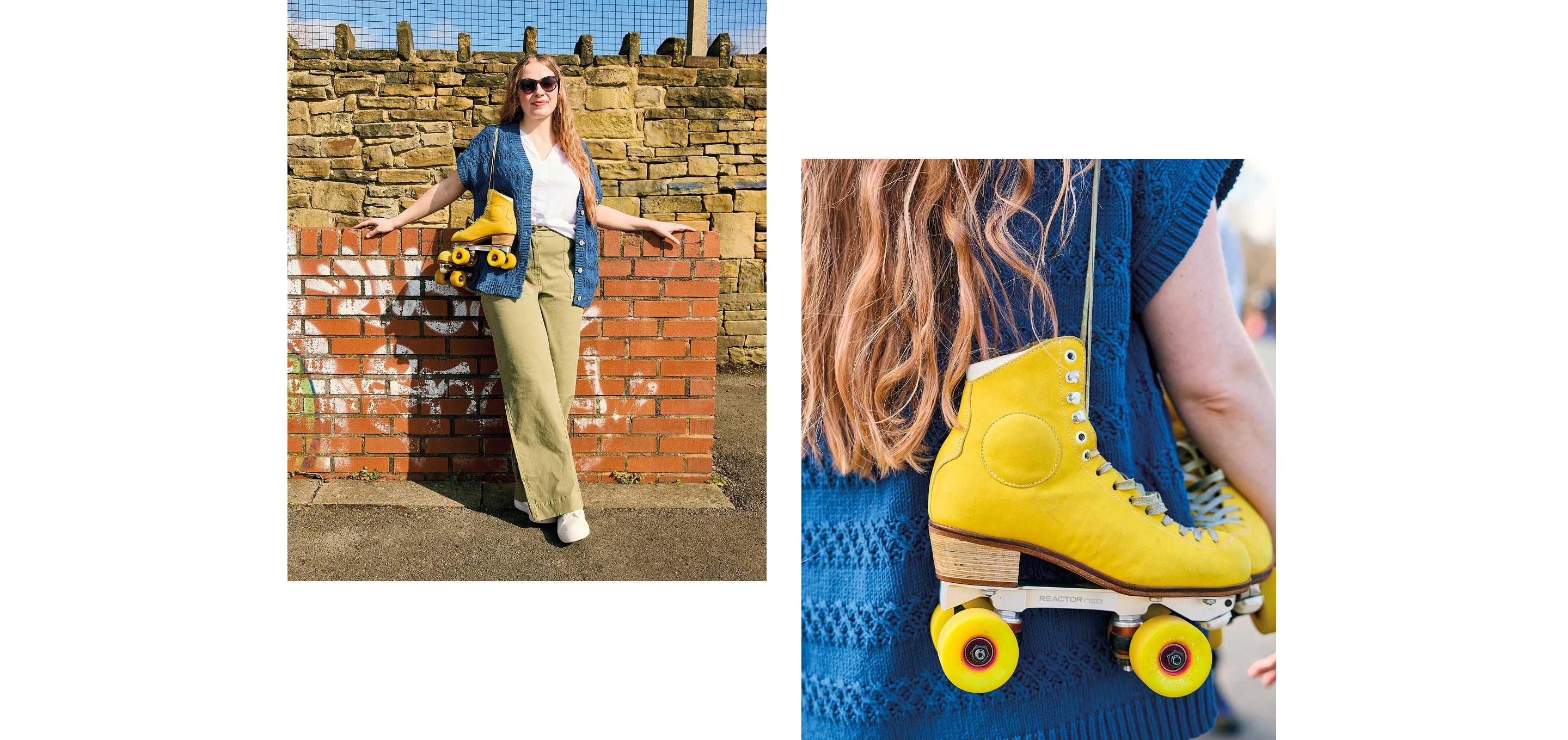 a woman with a yellow roller skate and a blue bag