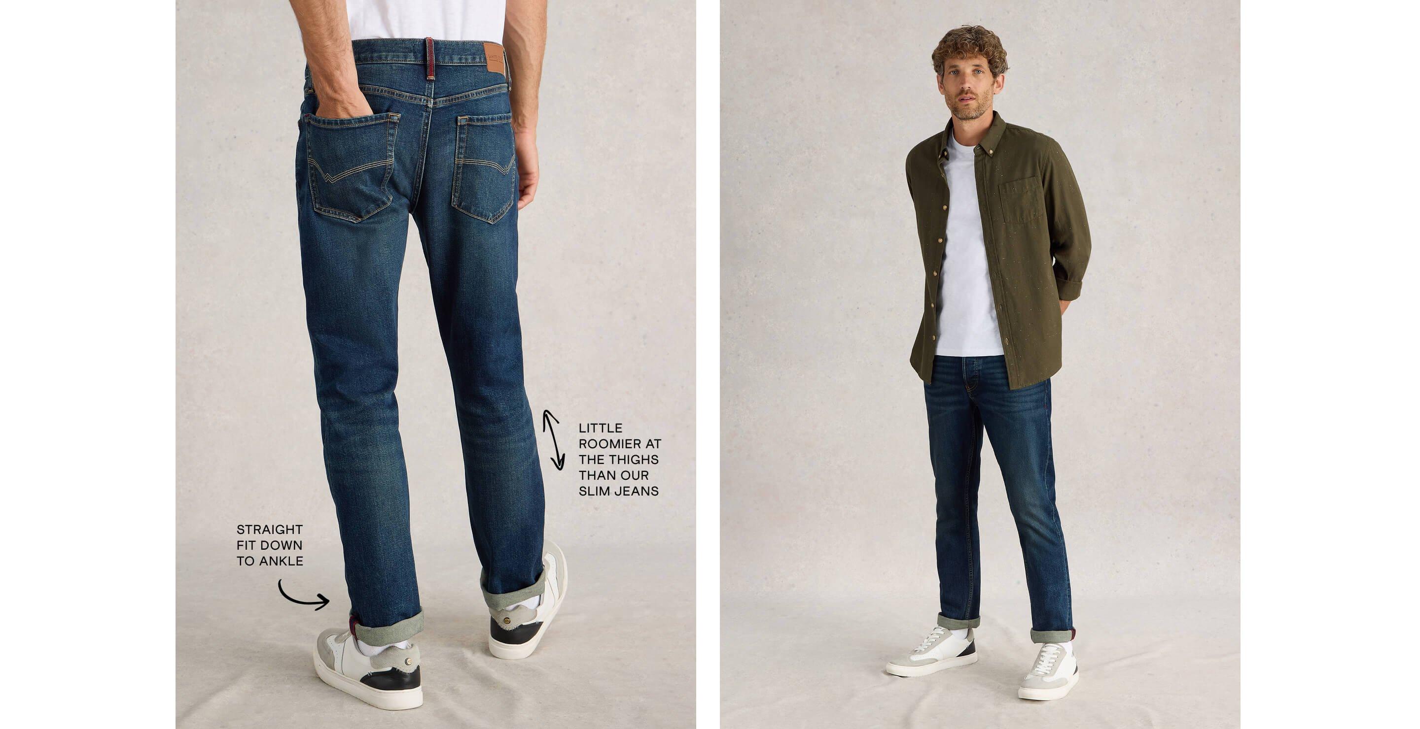 two images of men wearing jeans