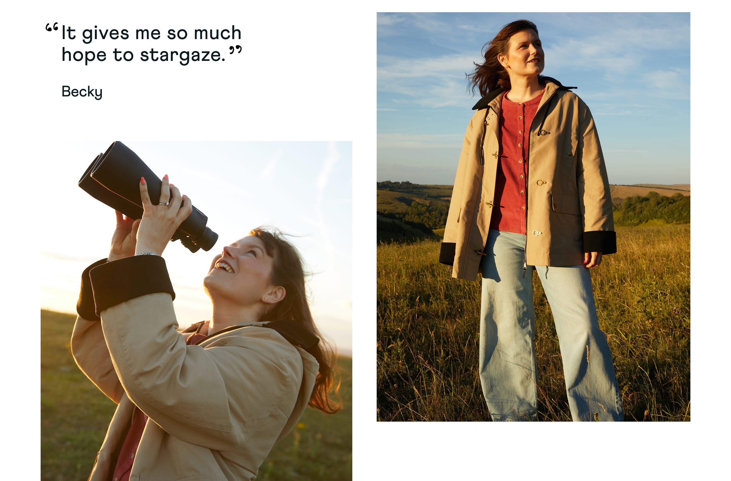 a woman standing in a field with a binoculars in her hand