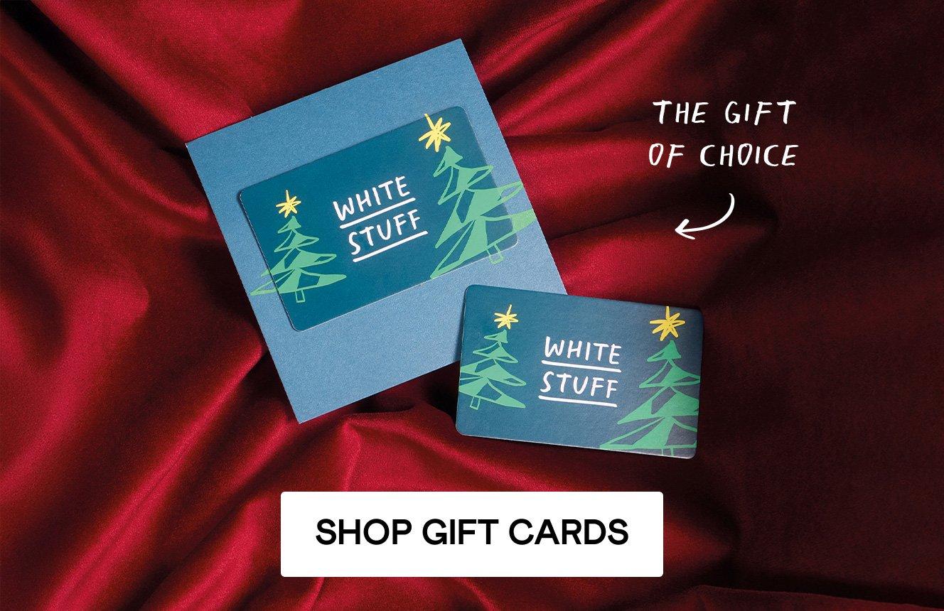 An image of a gift card with the word "the gift of choice", click here to shop gift cards