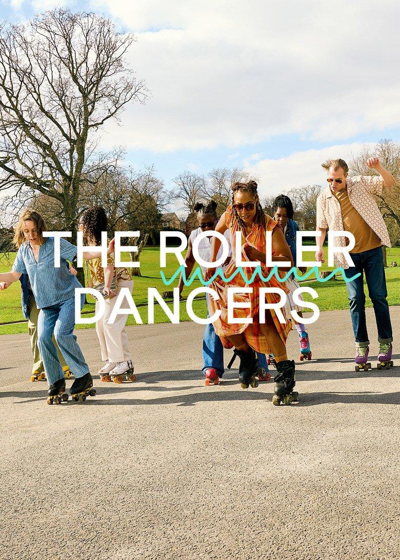 a group of people on roller skates in a park with the words "roller dancers"