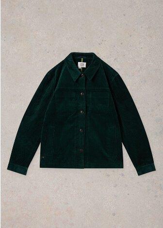 the corduroy jacket in dark green is shown on a concrete floor