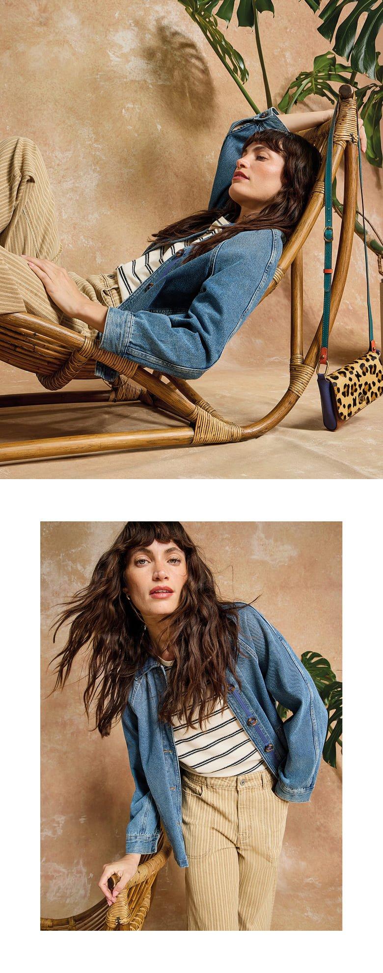 two pictures of a woman sitting on a chair and one with a plant
