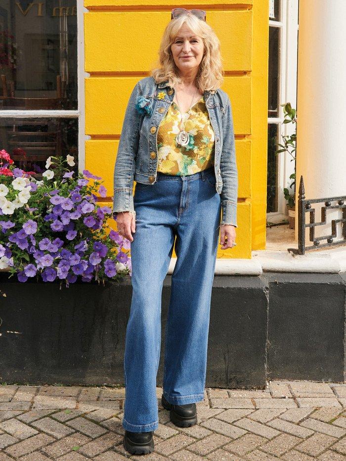 woman in denim outfit