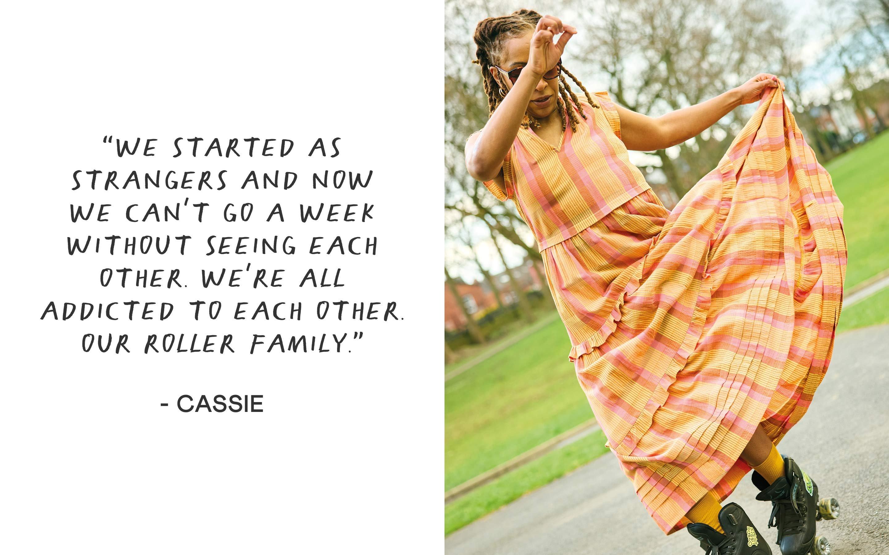 a woman on roller skates with a quote about how we start to get a little bit better