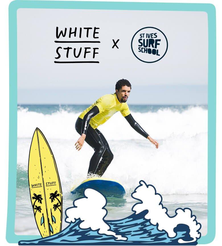 a man on a surfboard with a surfboard with waves in the background