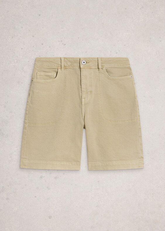 a pair of beige shorts with pockets on the side