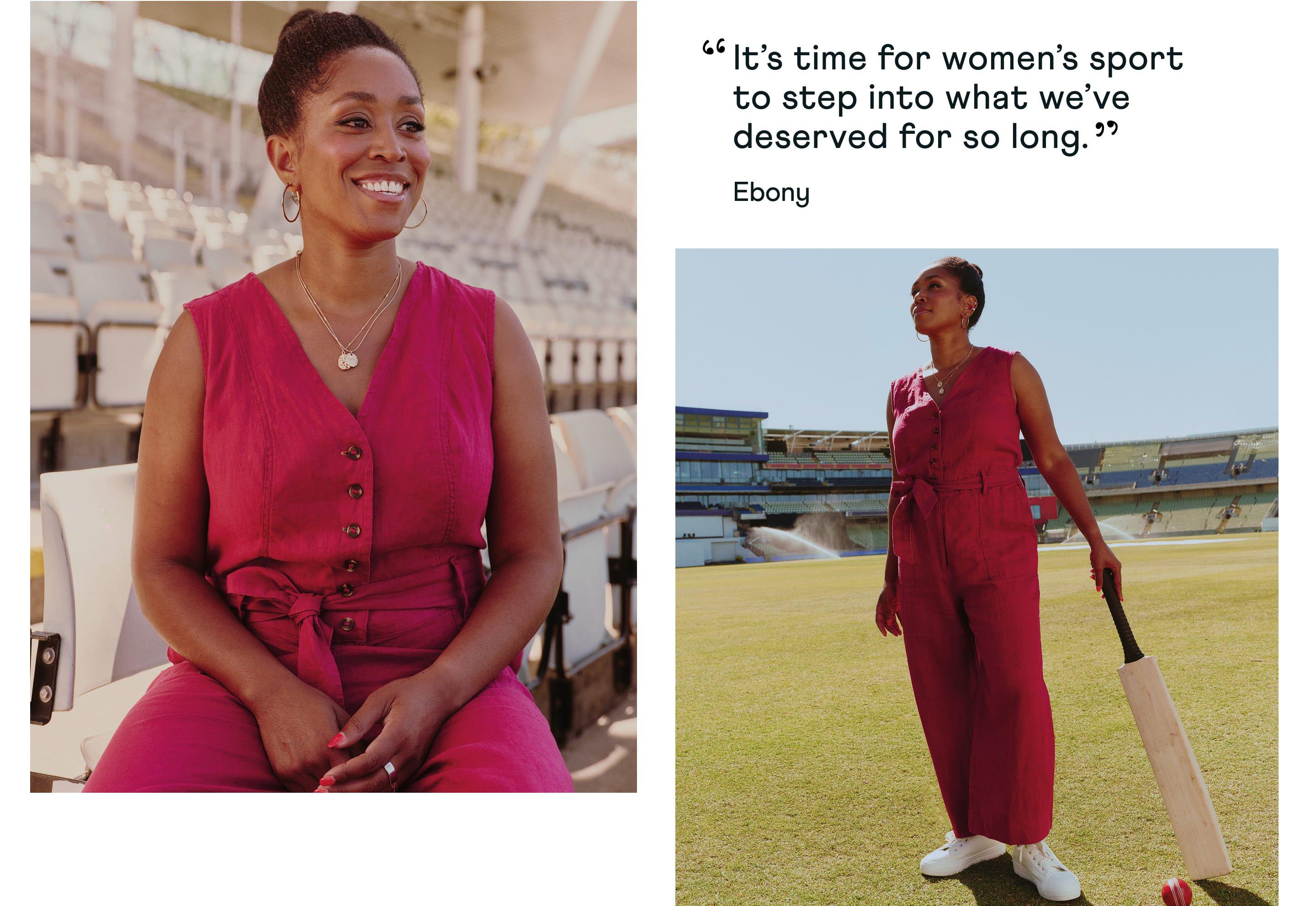 a woman in a pink jumpsuit holding a cricket bat