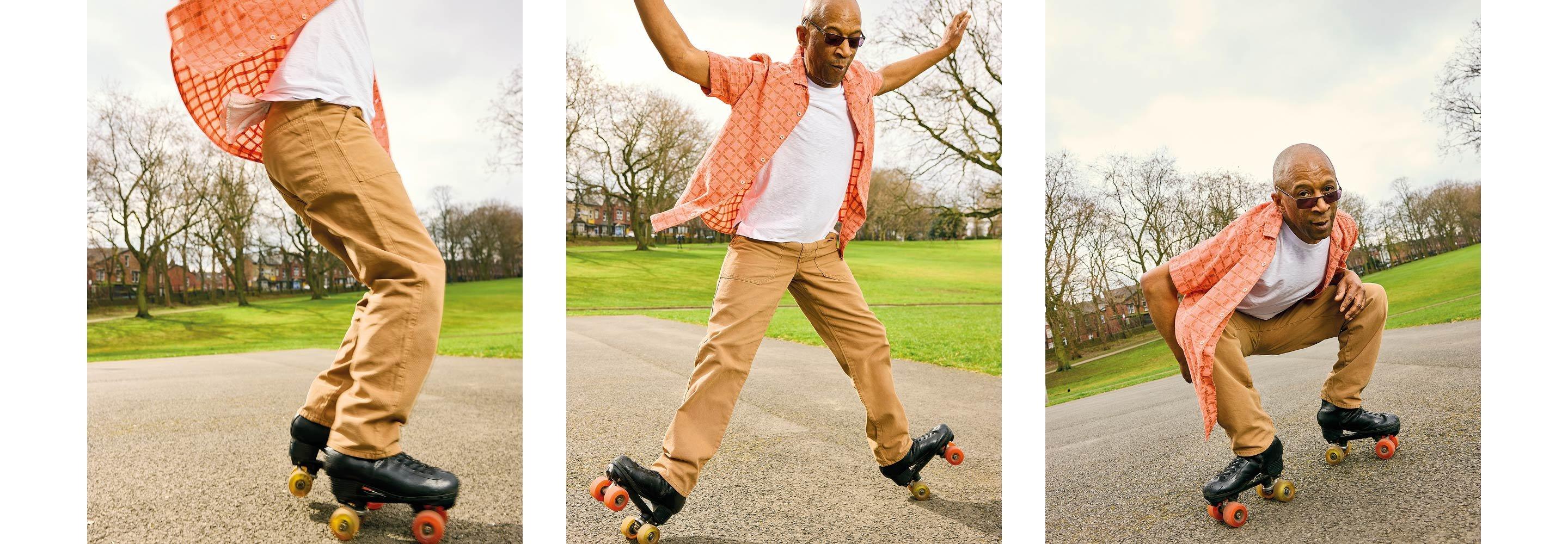 a man in orange shirt makign roller skate moves
