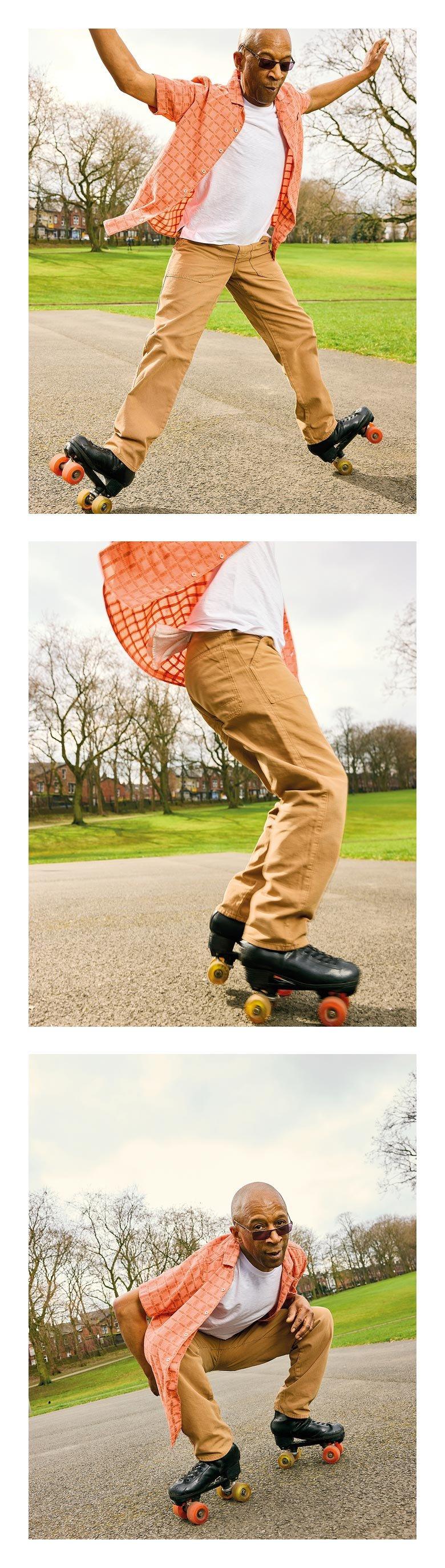a man in orange shirt makign roller skate moves