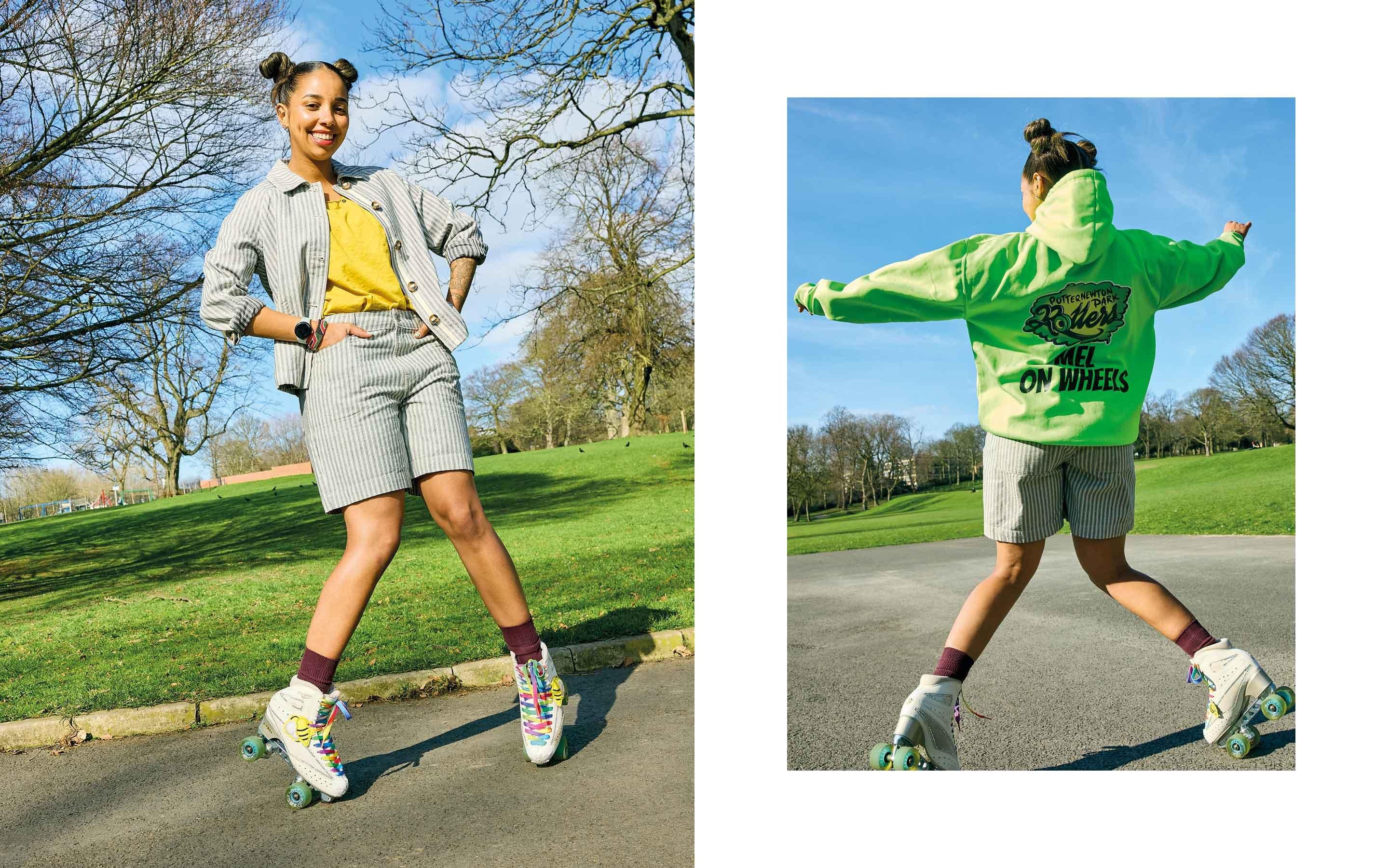 two pictures of a woman in a green jacket and a girl on roller skates