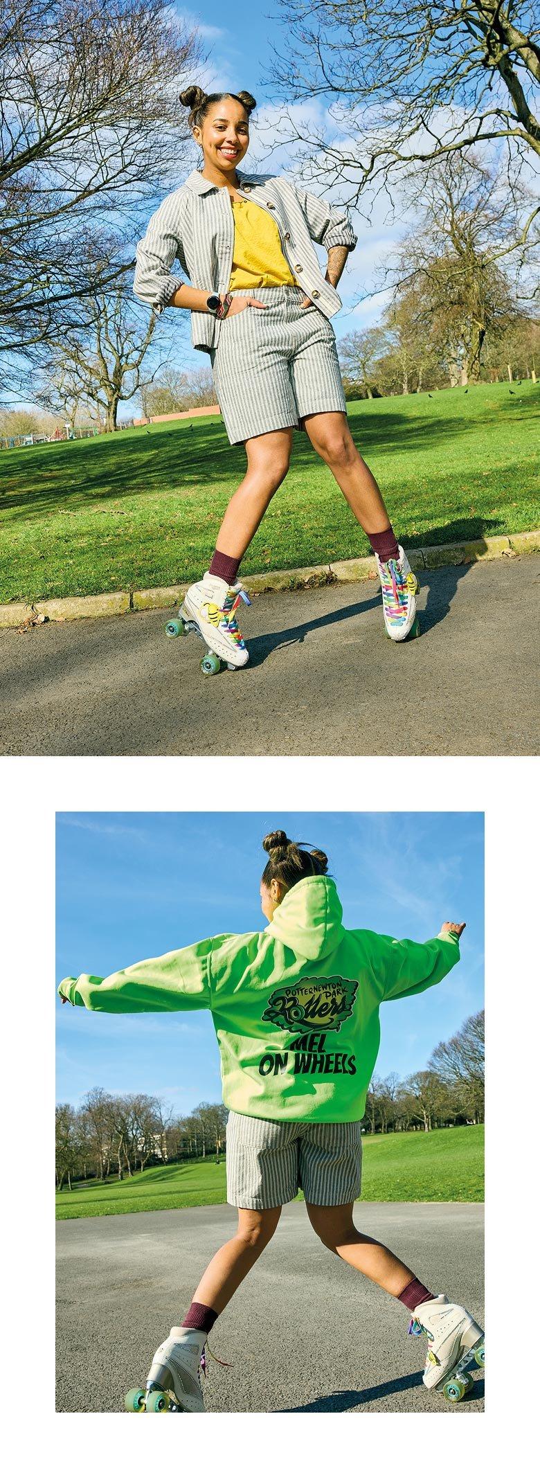 a collage of a woman in a green jacket and a woman in a grey sweatshirt