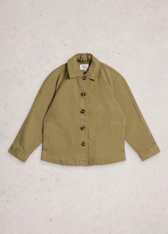 a jacket that is made from a khaki colored fabric