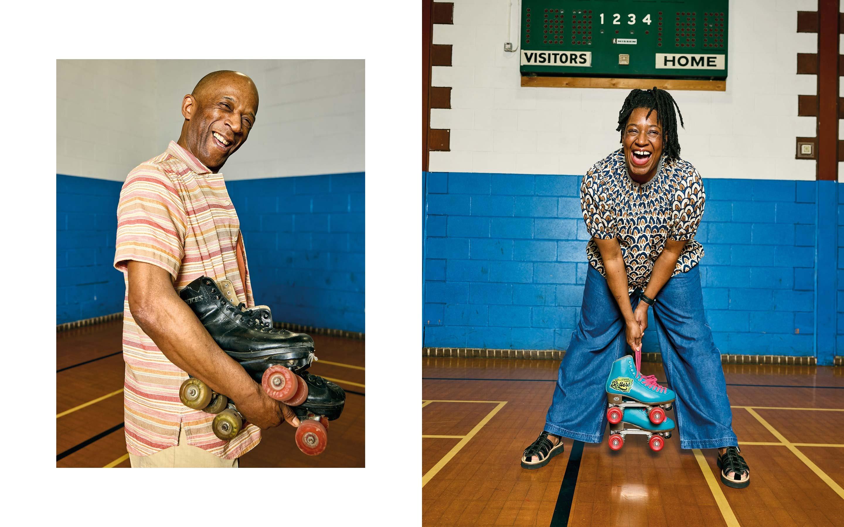 two pictures of a man and a woman on a basketball court holding roller skates