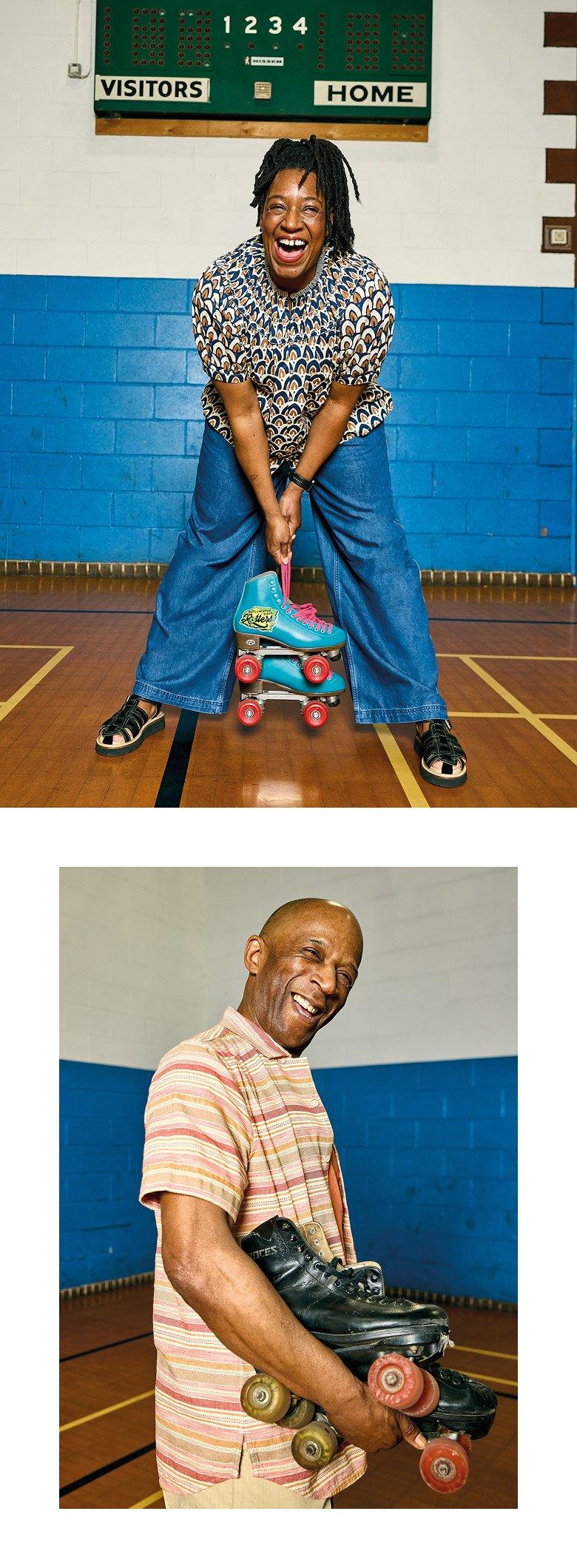 two pictures of a man and woman holding roller skates