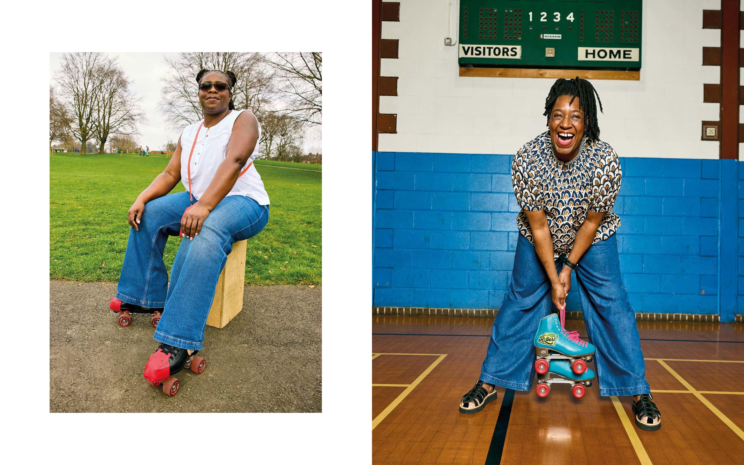 two pictures of a man and a woman on a basketball court holding roller skates