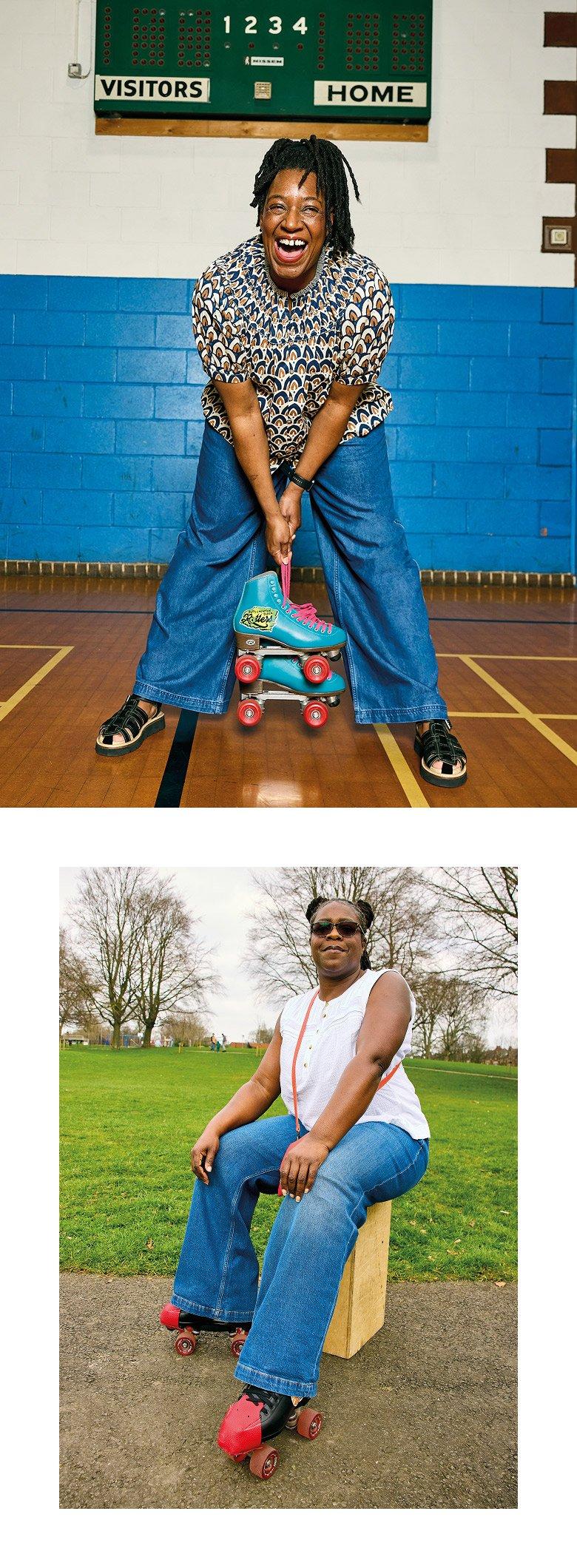 two pictures of a man and woman holding roller skates
