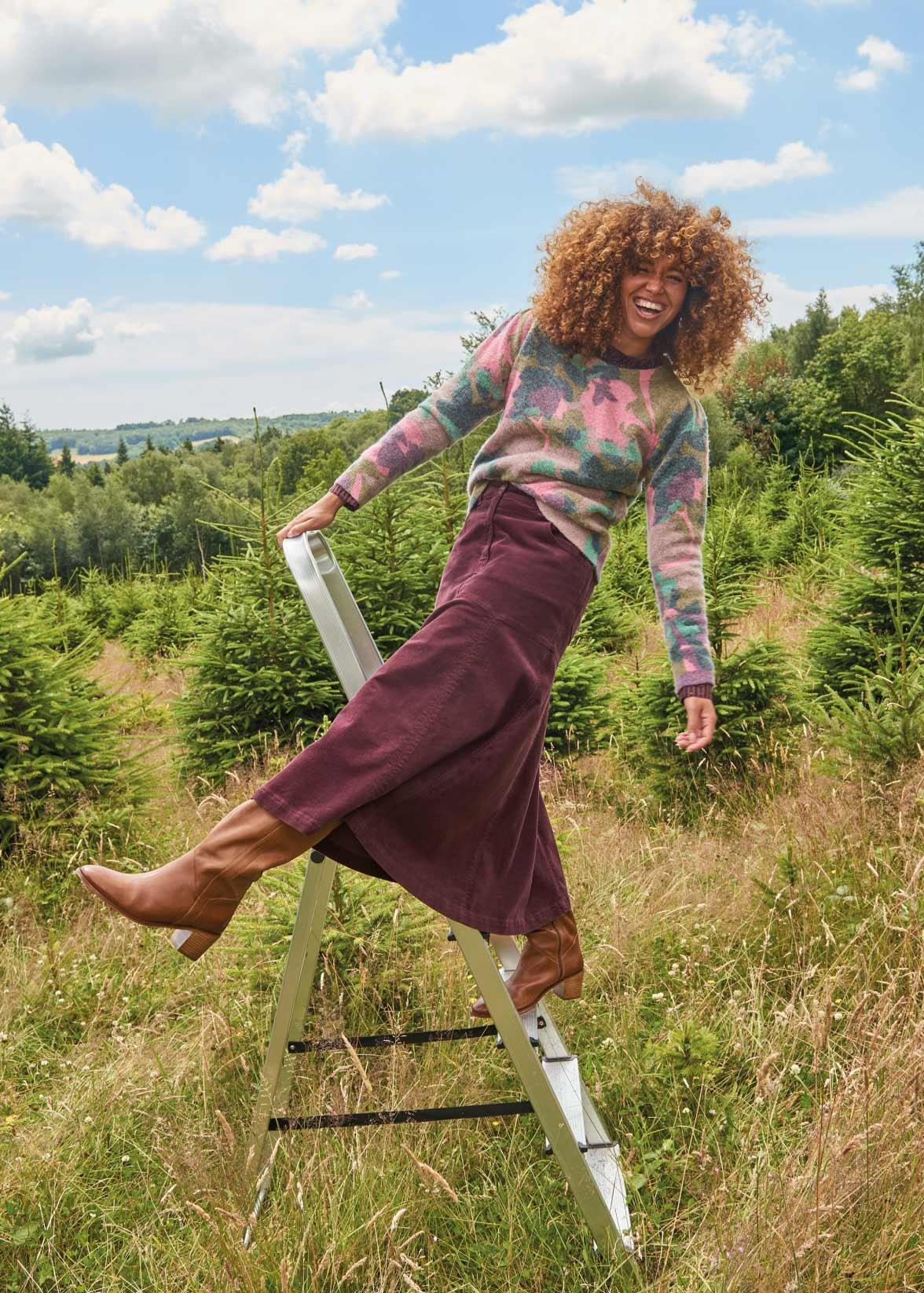 woman in cord skirt