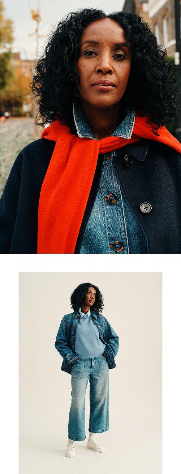 a woman in a denim jacket and jeans is shown