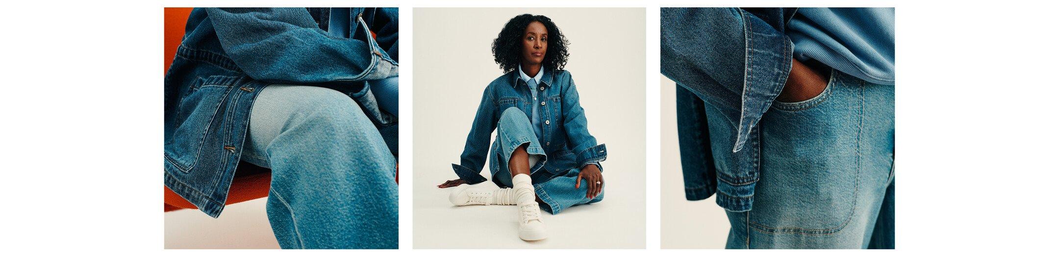 3 IMAGES OF A WOMAN WEARING A DENIM OUTFIT