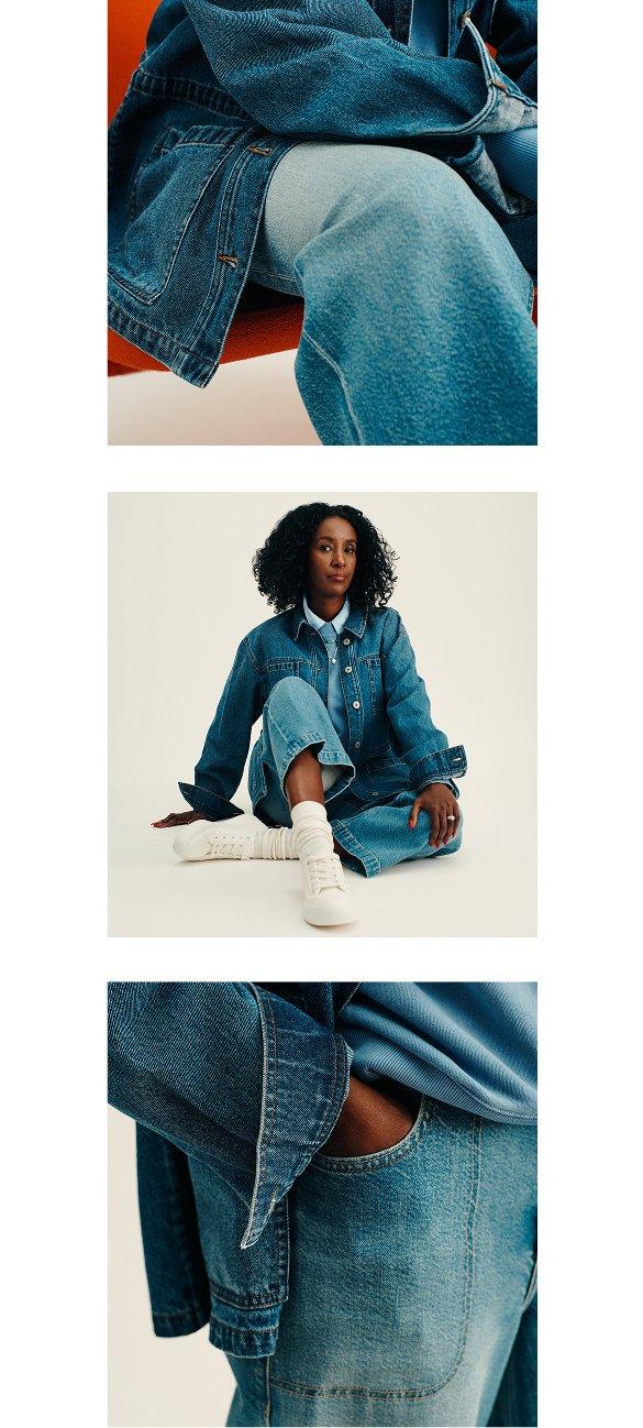 3 IMAGES OF A WOMAN WEARING A DENIM OUTFIT