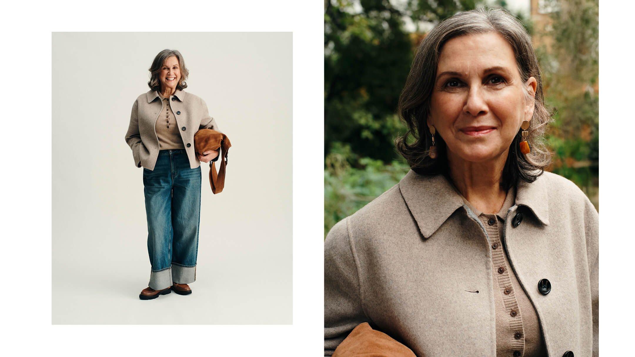 two pictures of a woman in a jacket and jeans holding a purse
