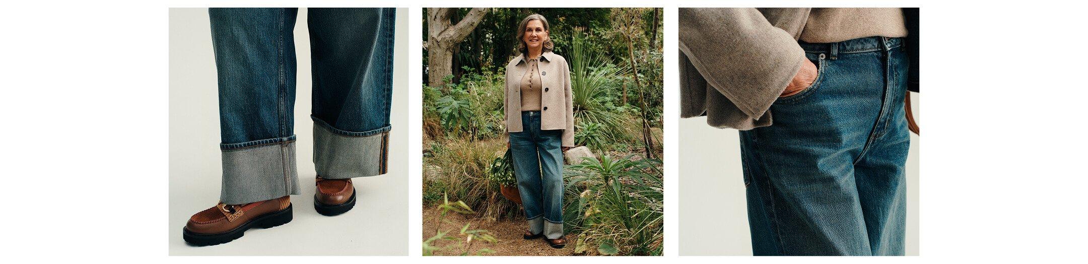 a collage of a woman in a jacket and jeans