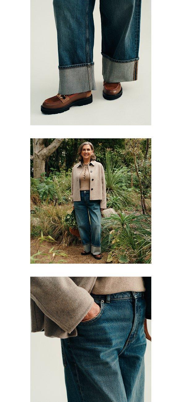 a series of three pictures of a woman wearing jeans and a jacket