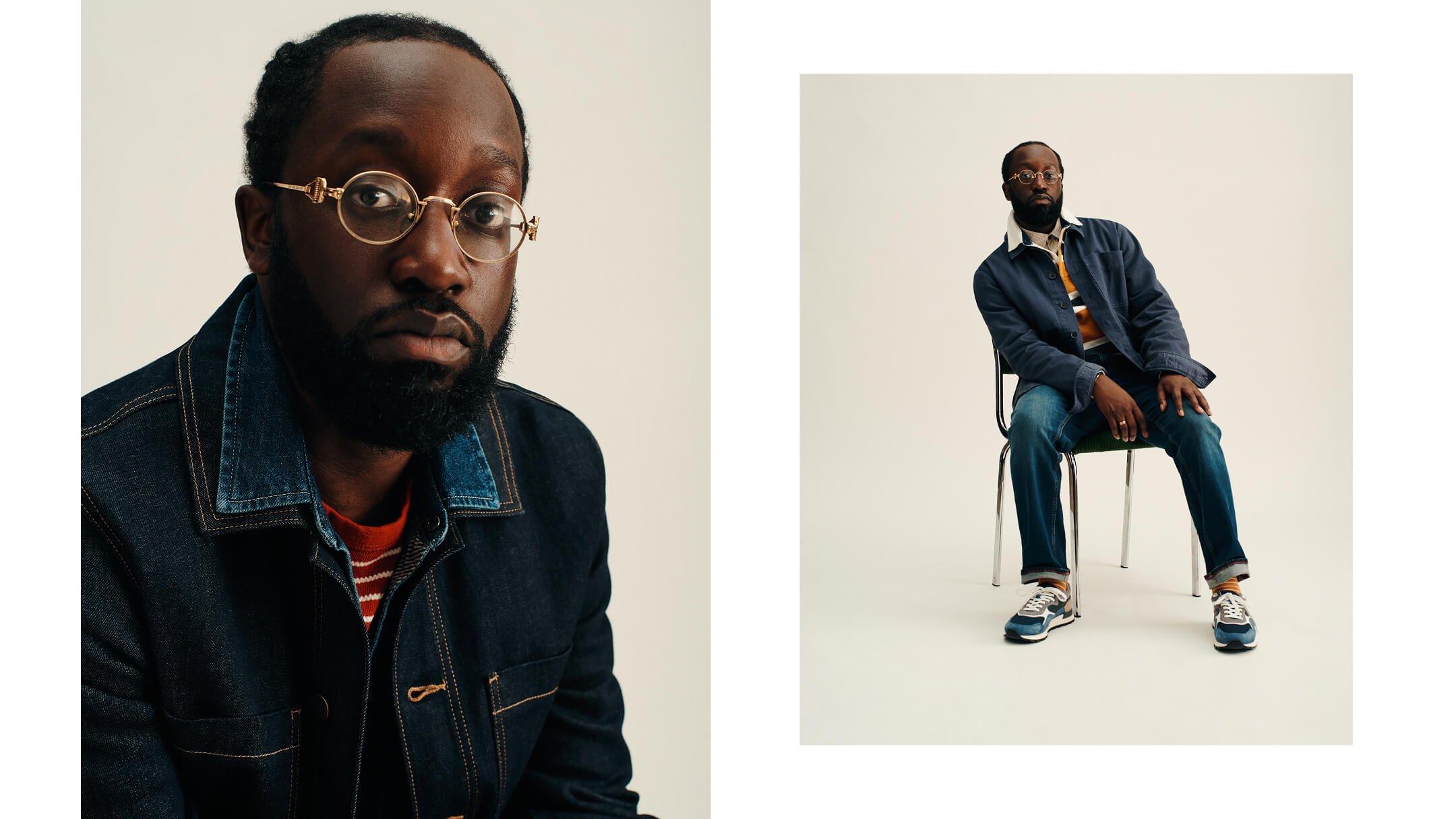 a man in glasses sitting on a chair and a man in DENIM on a chair