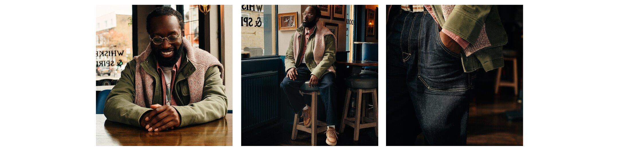 a collage of three pictures of a man sitting at a table
