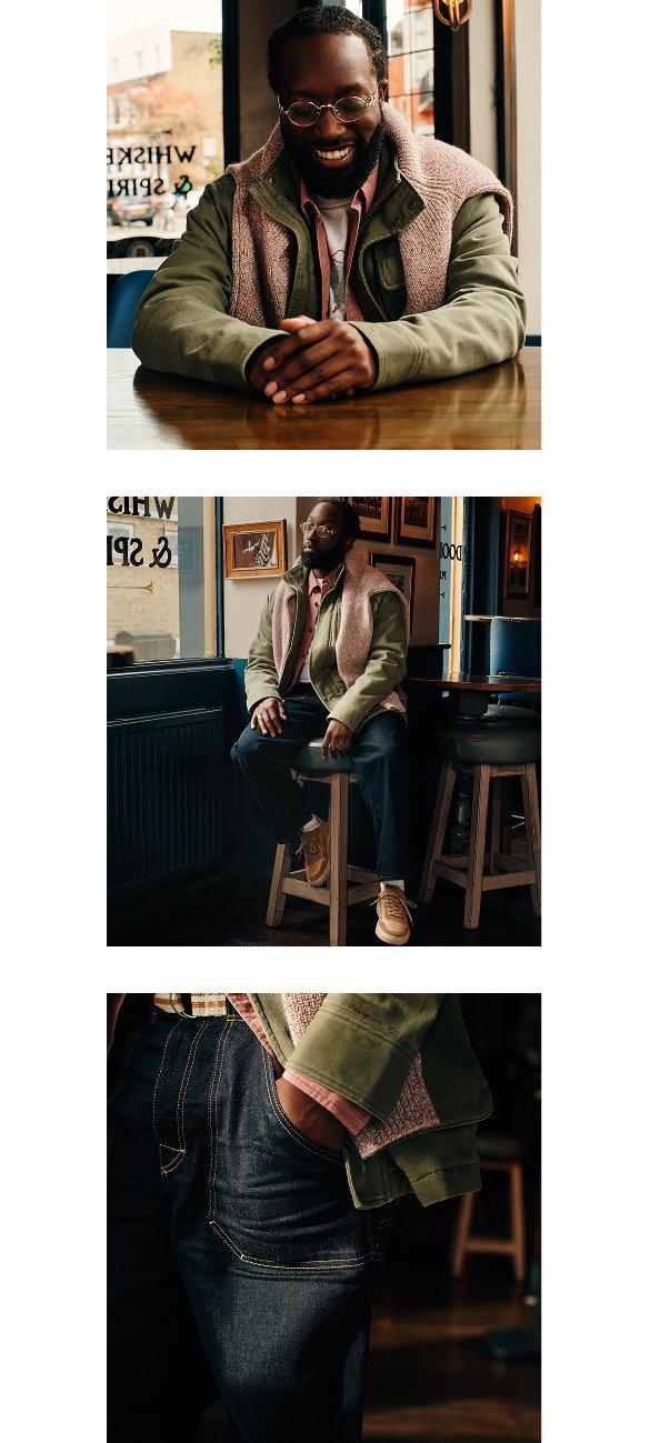 a series of photos of a man sitting at a table