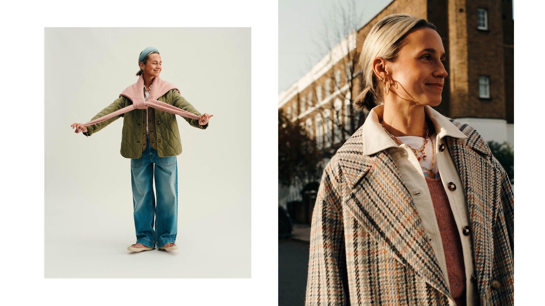 two pictures of a woman in a coat and a woman in a jacket