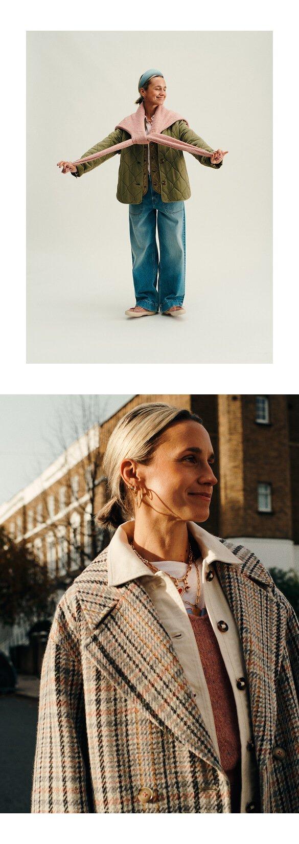 a collage of a woman in a jacket and a man in a sweater