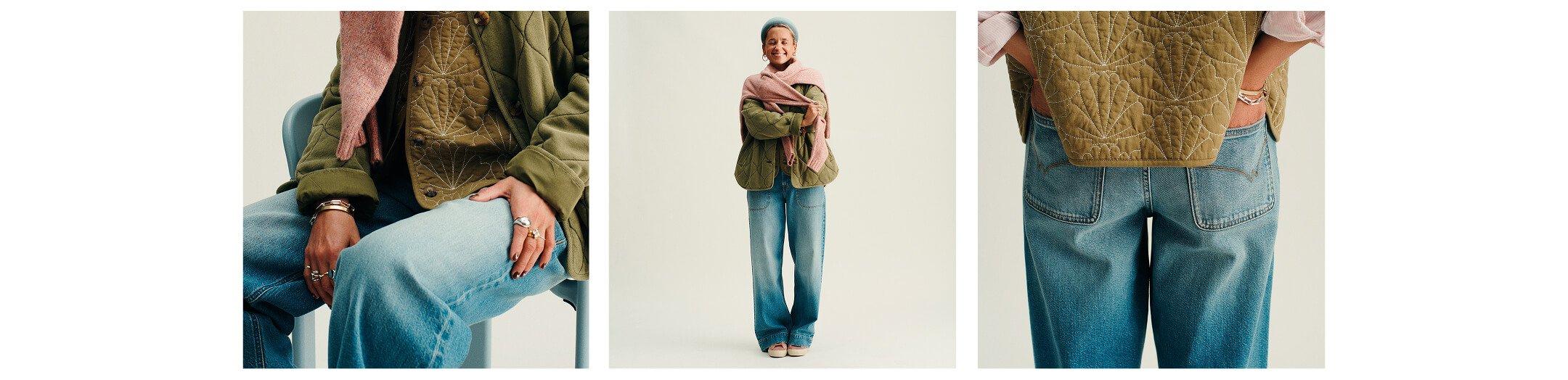 a collage of three pictures of a woman in a jumper and jeans