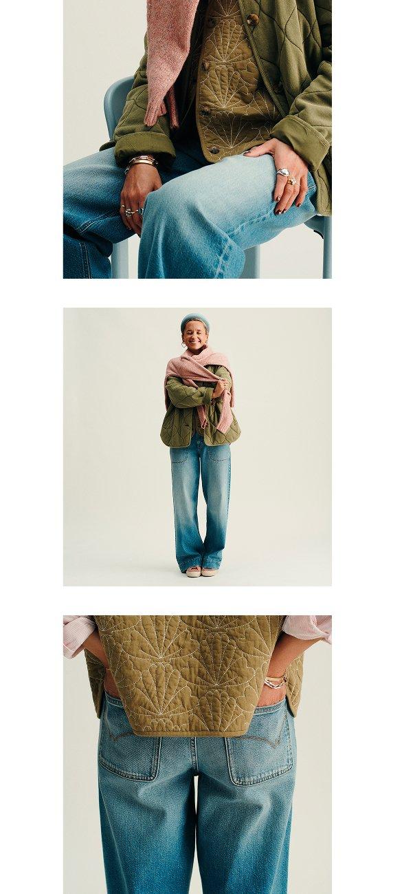 a series of a woman in a jacket and jeans