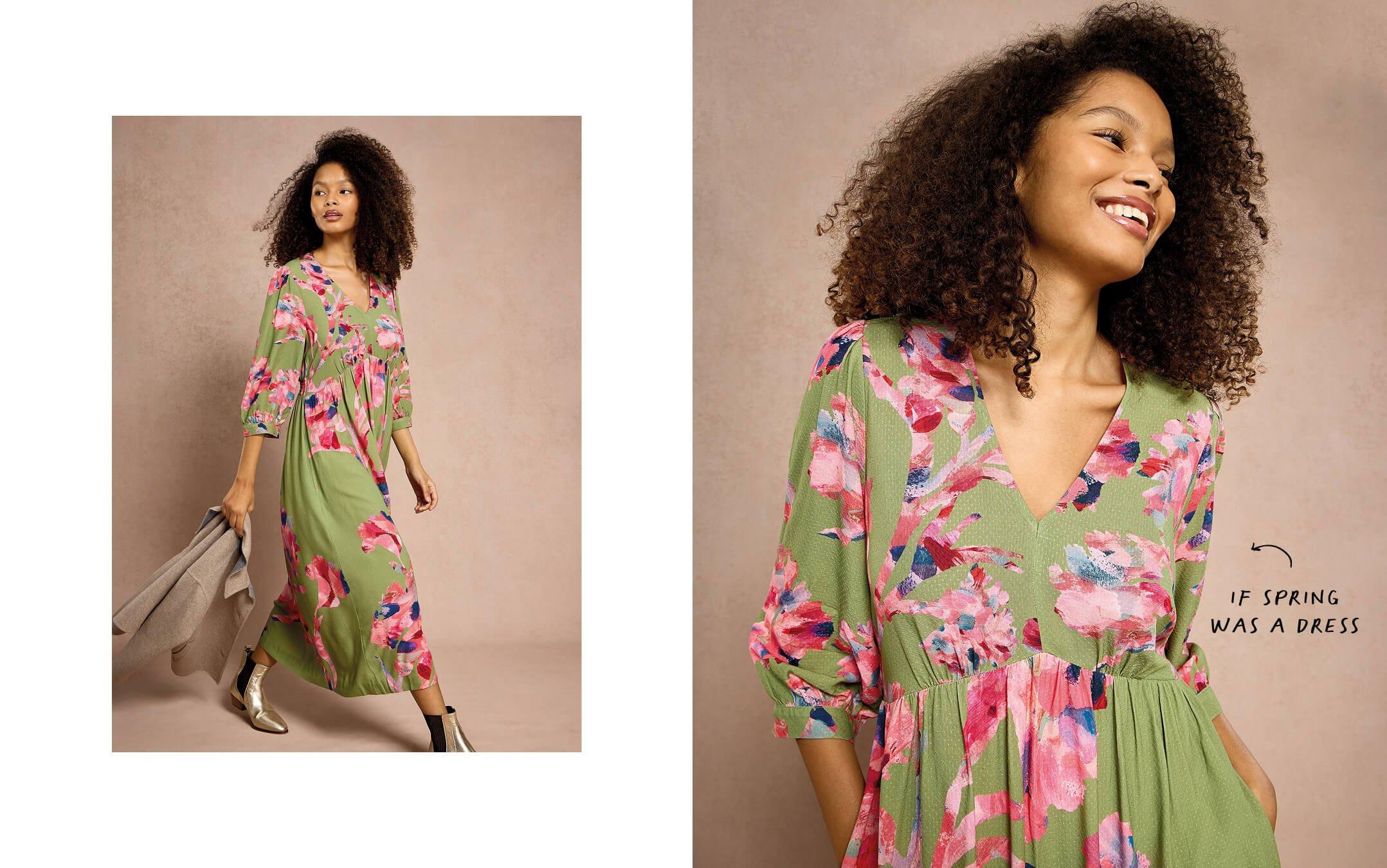 a woman in a green and pink floral dress 