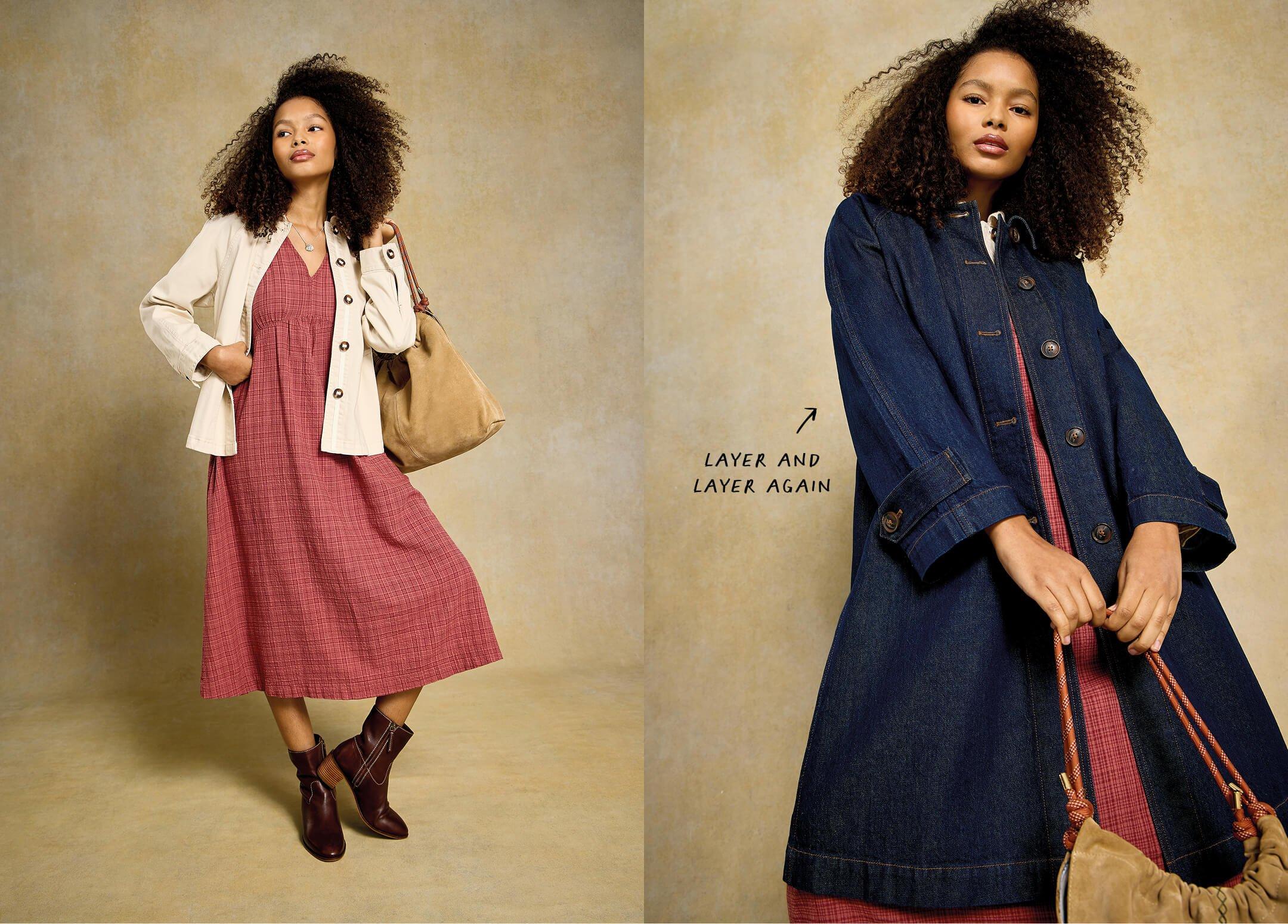 two women in dresses and coats posing for a magazine