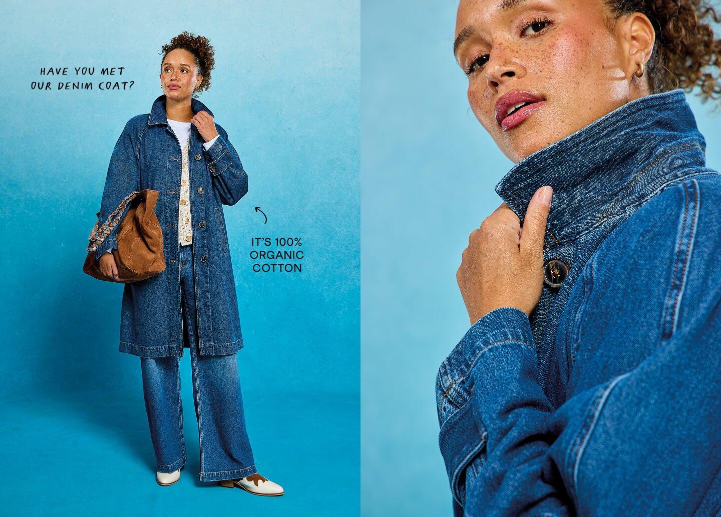 a woman in a blue denim jacket and brown purse